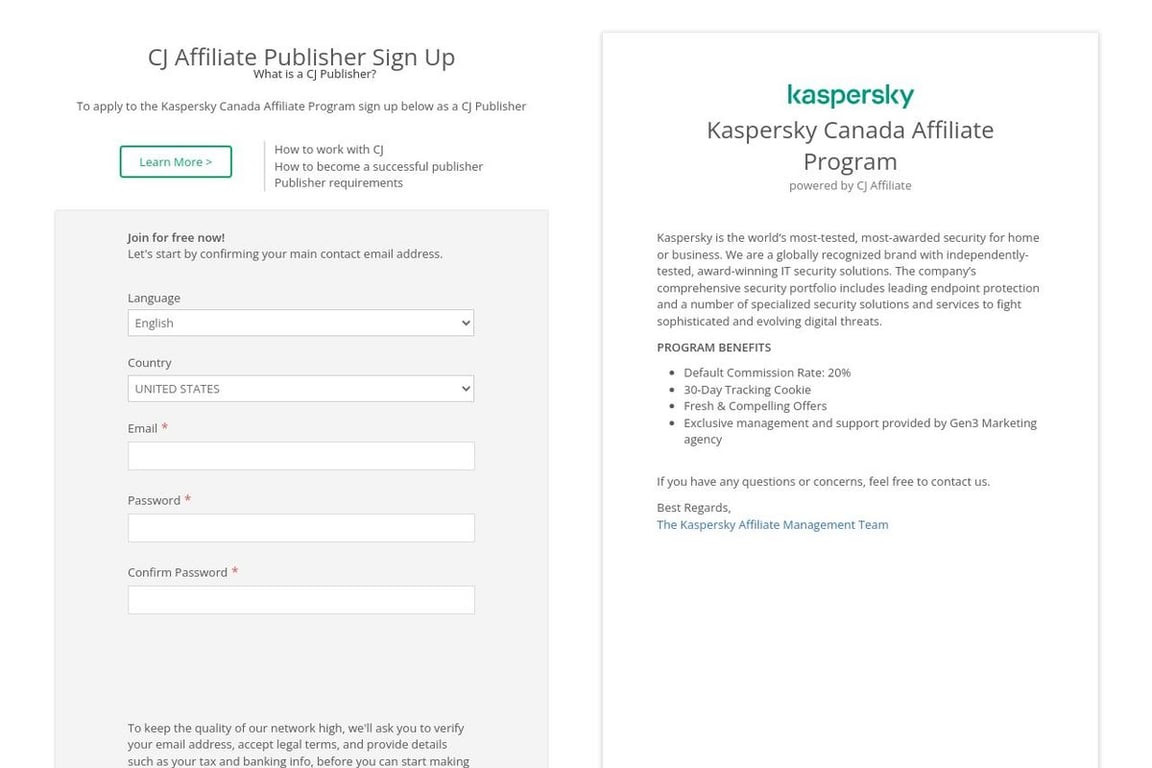 Kaspersky affiliate program signup page