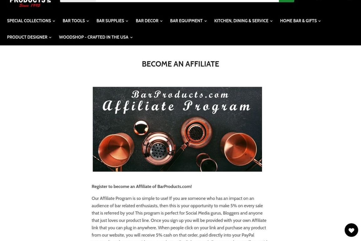 Bar Products affiliate program signup page
