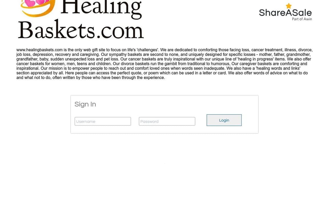 Healing Baskets affiliate program signup page