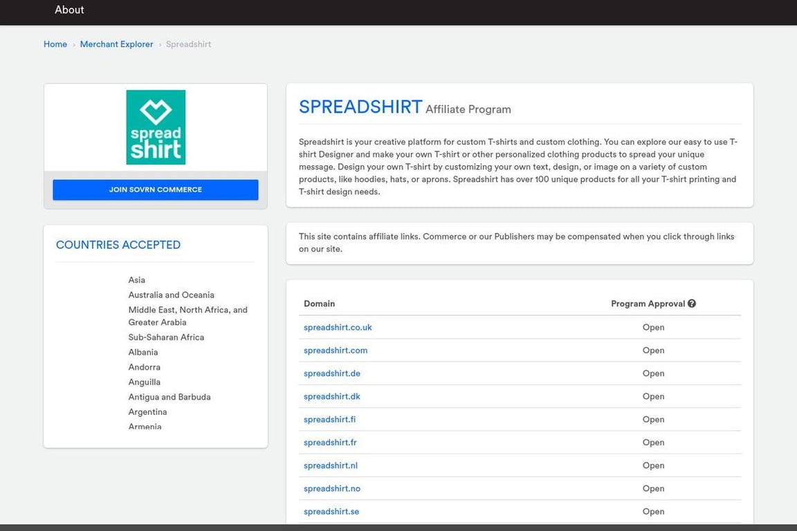 Spreadshirt affiliate program signup page