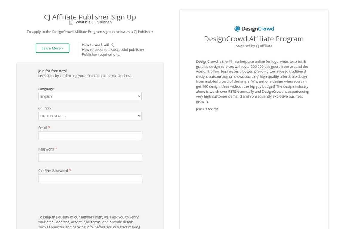 DesignCrowd affiliate program signup page