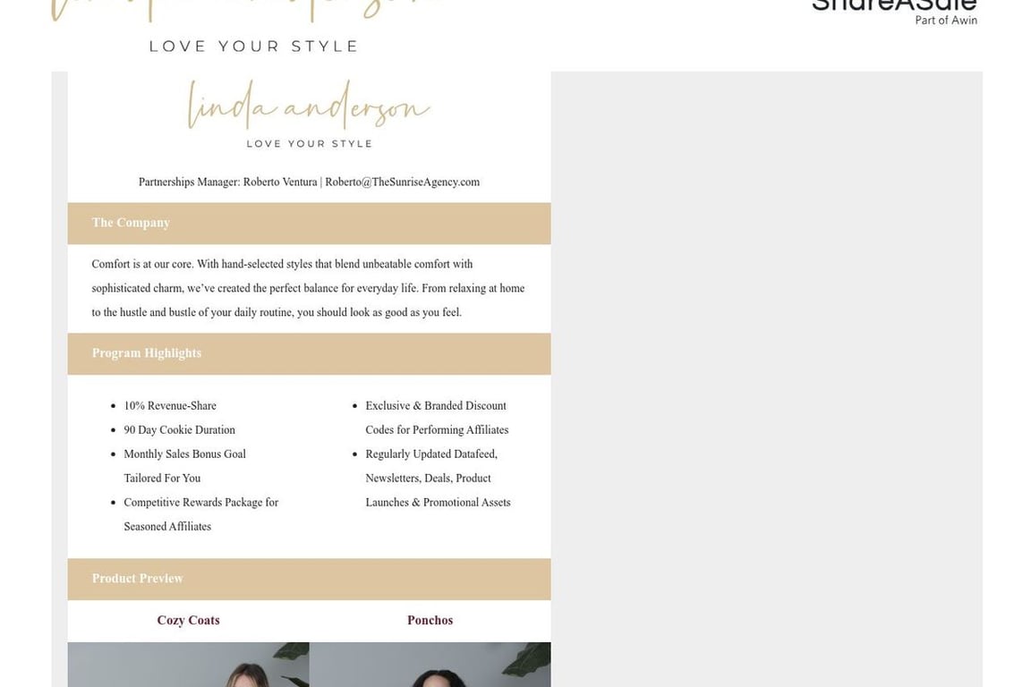 Linda Anderson affiliate program signup page