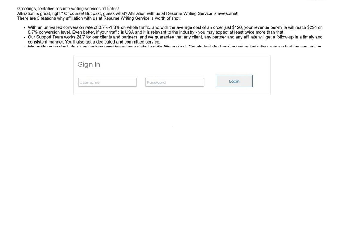 Resume Writing Service affiliate program signup page