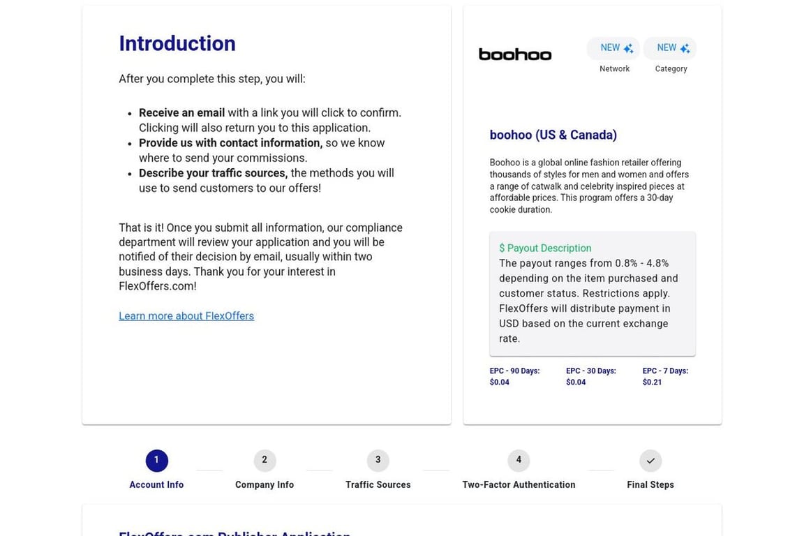 Boohoo.com affiliate program signup page