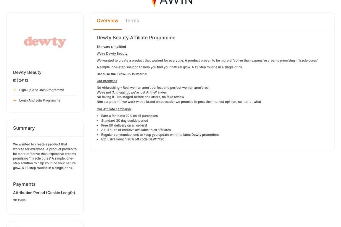 Dewty Beauty affiliate program signup page