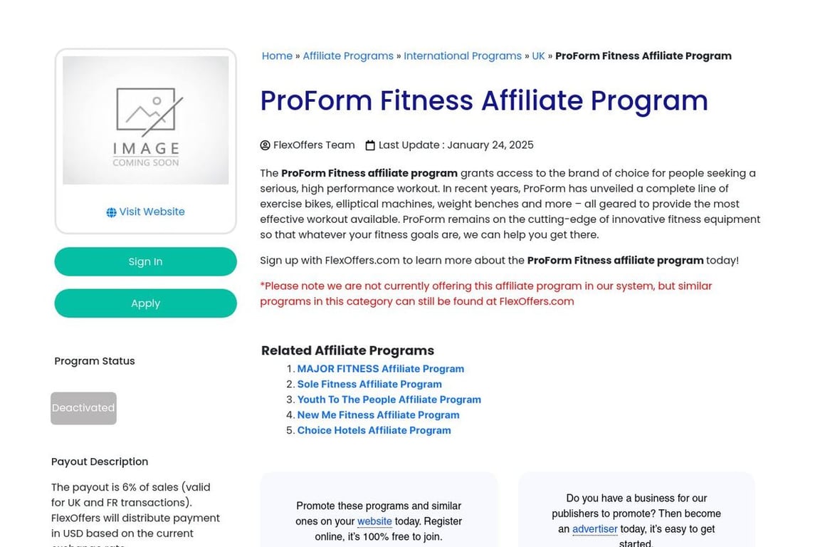 ProForm Fitness affiliate program signup page