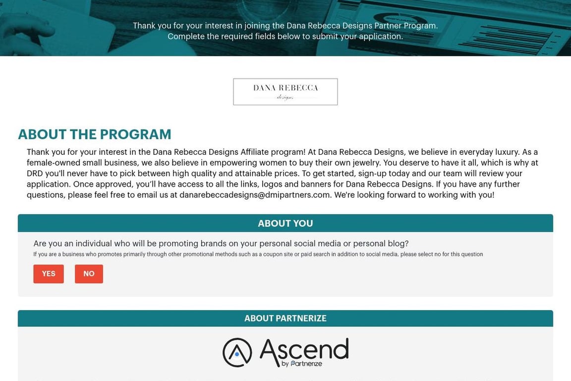 Dana Rebecca Designs affiliate program signup page