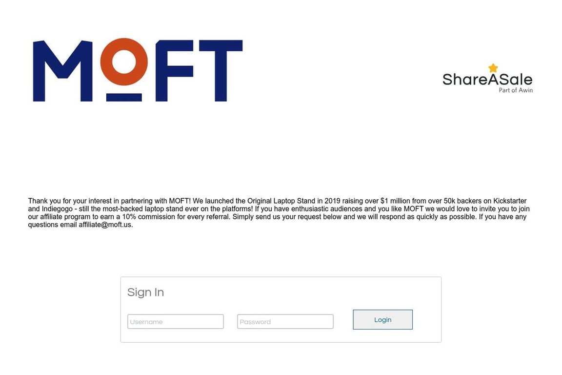Moft affiliate program signup page