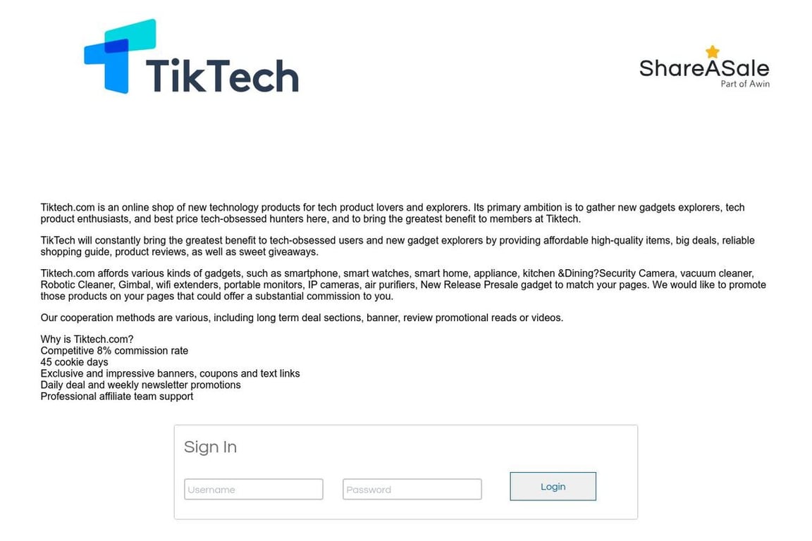 Tik Tech affiliate program signup page
