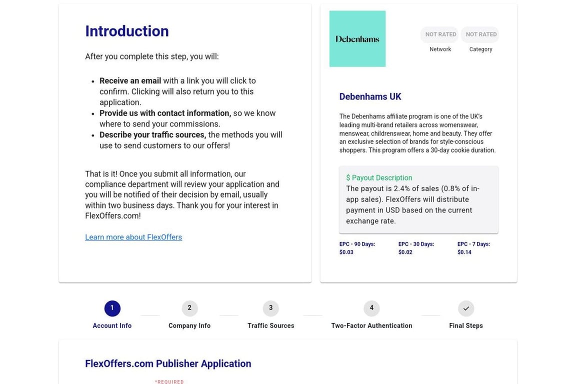 Debenhams UK affiliate program signup page