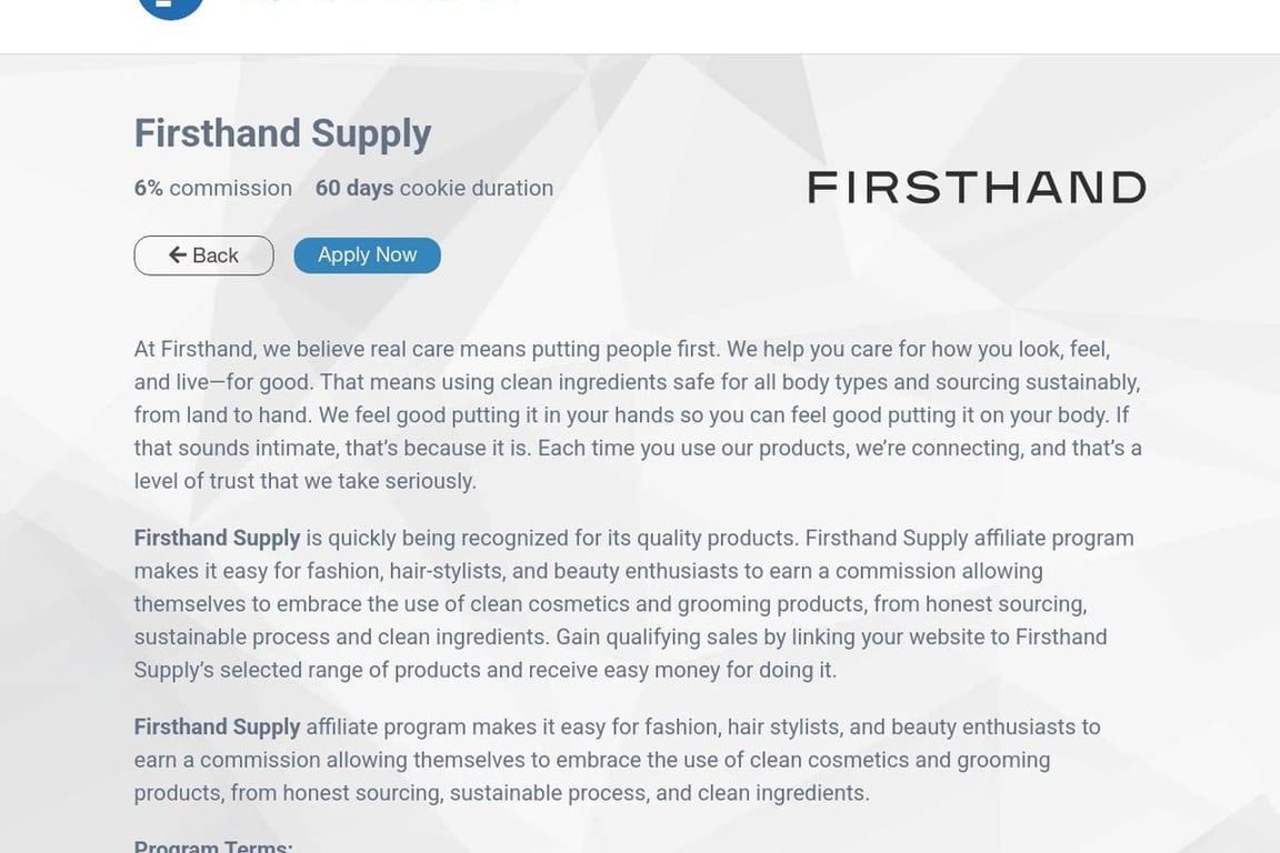 Firsthand Supply affiliate program signup page