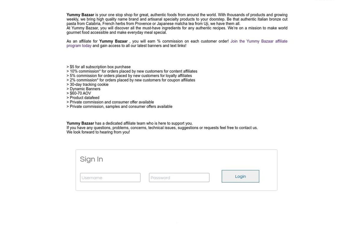 Yummy Bazaar affiliate program signup page
