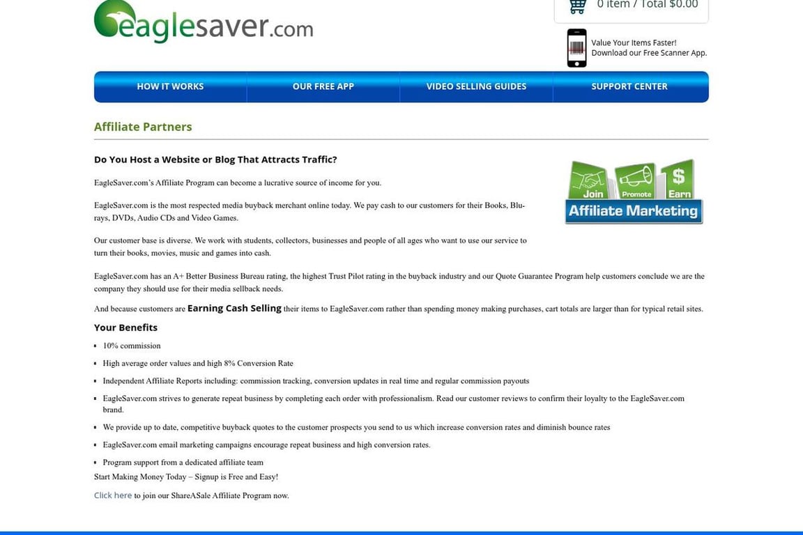 Eagle Saver affiliate program signup page
