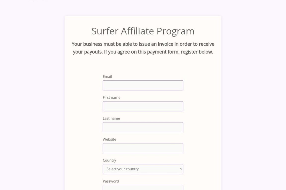 Surfer SEO affiliate program signup page
