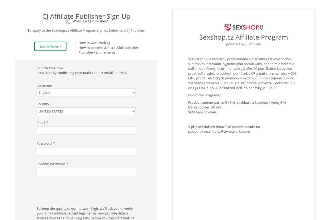 Sexshop affiliate program signup page