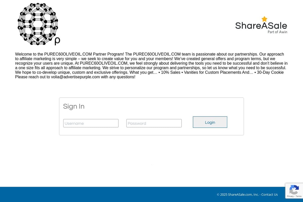 PureC60OliveOil affiliate program signup page