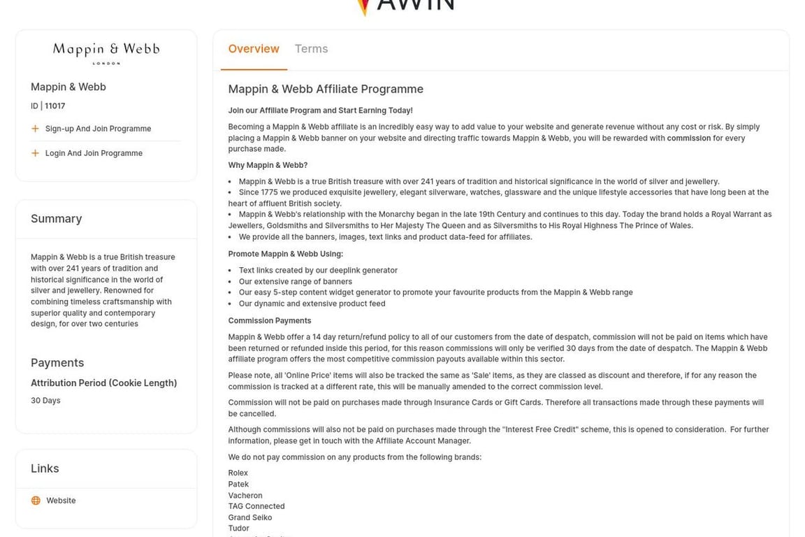 Mappin & Webb UK affiliate program signup page
