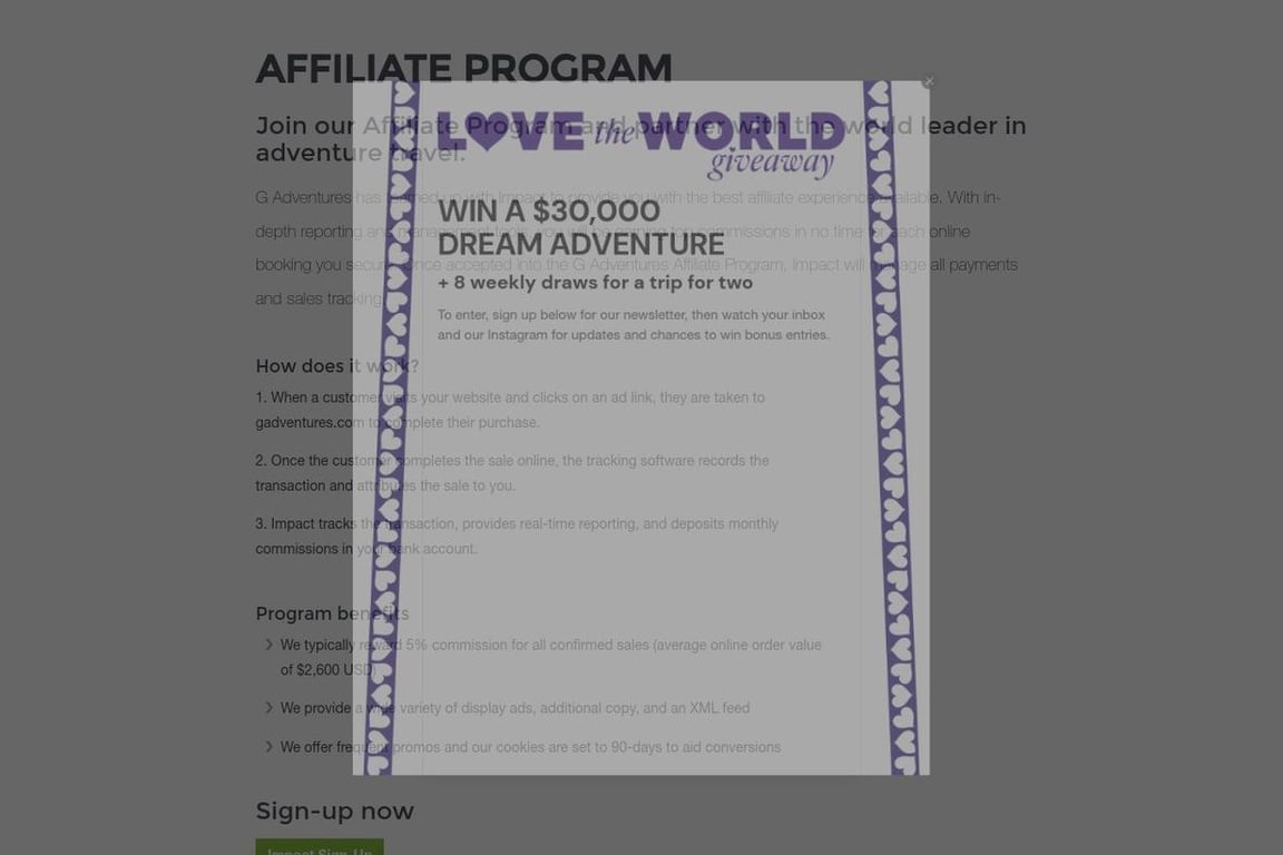 G Adventures affiliate program signup page