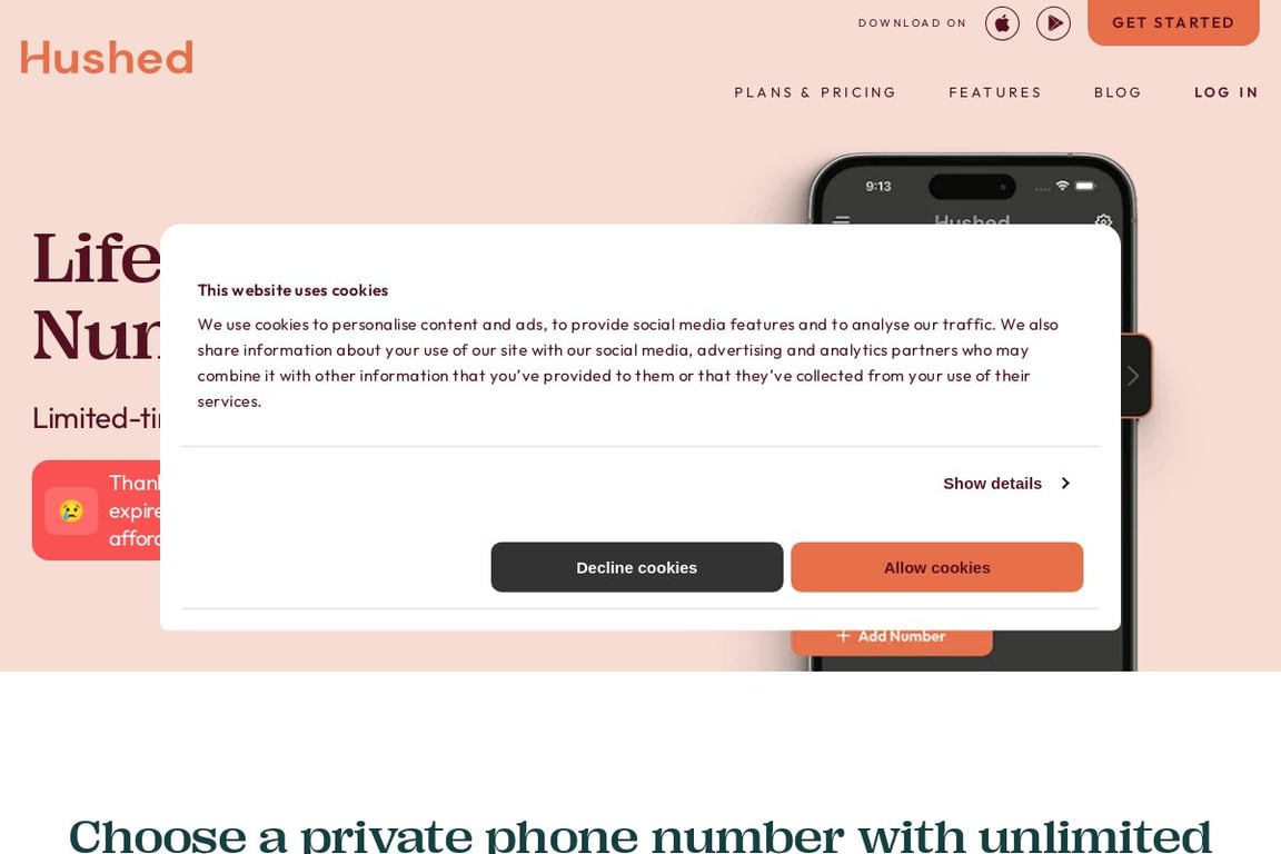 Hushed App homepage