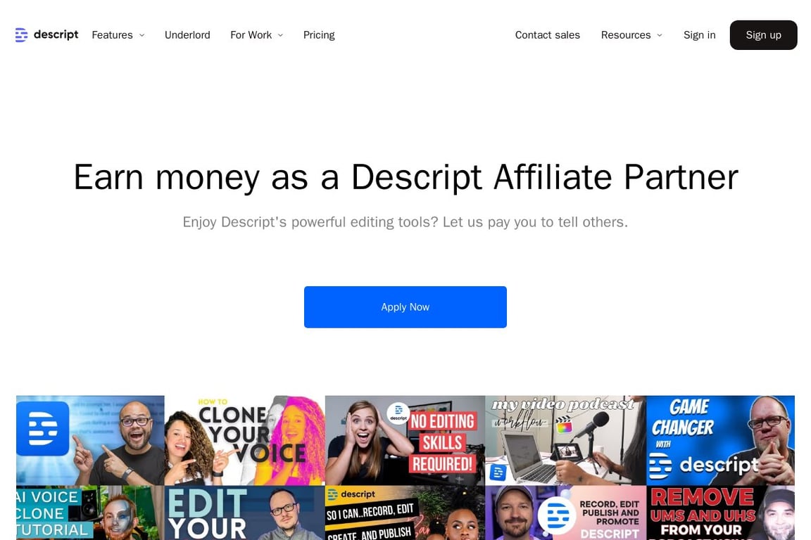 Descript affiliate program signup page