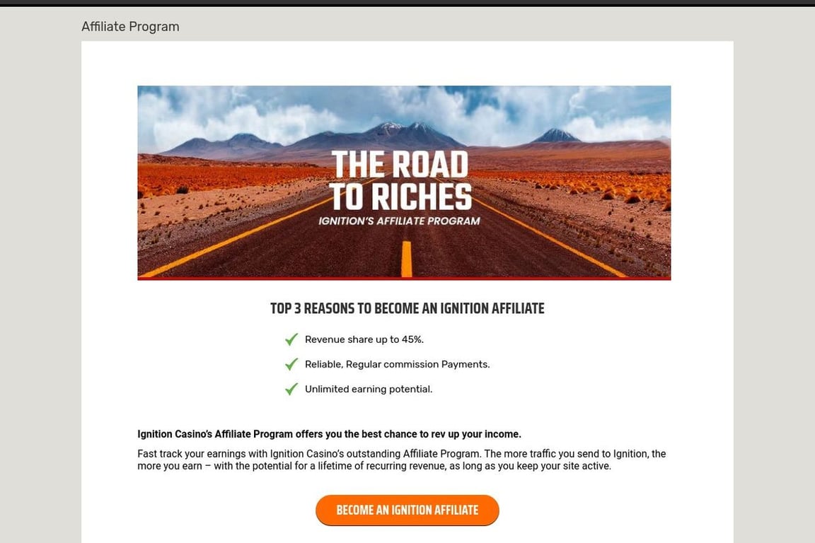 Ignition Casino affiliate program signup page