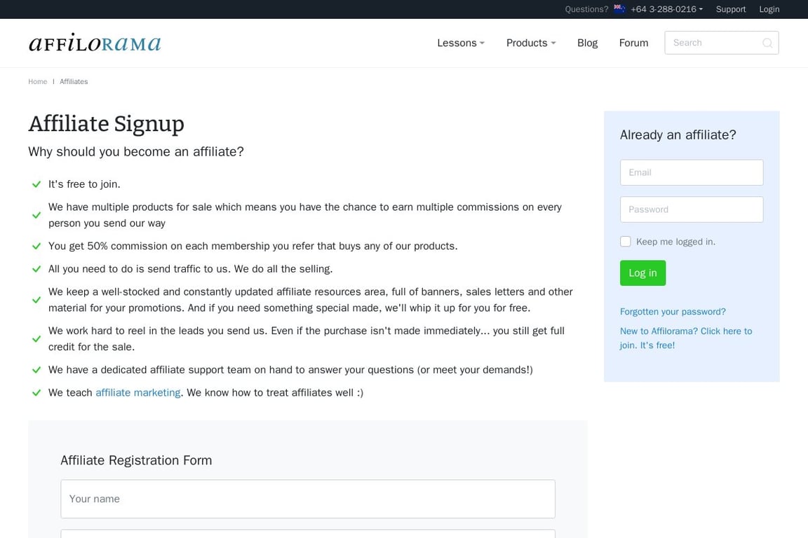 Affilorama affiliate program signup page