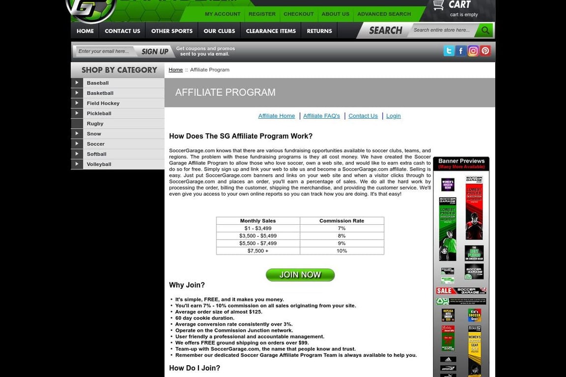 Soccer Garage affiliate program signup page