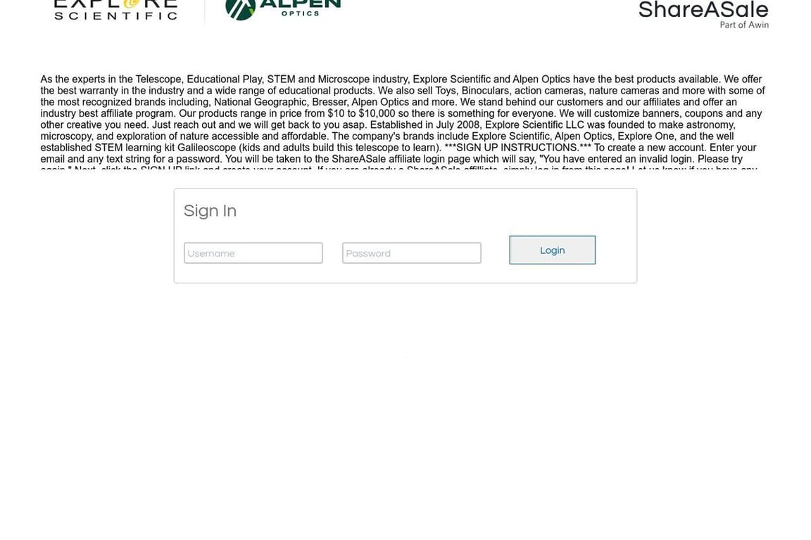 Explore Scientific affiliate program signup page