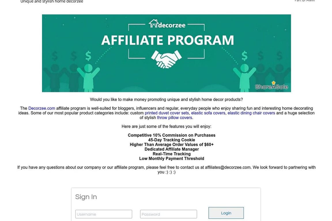 DecorZee affiliate program signup page
