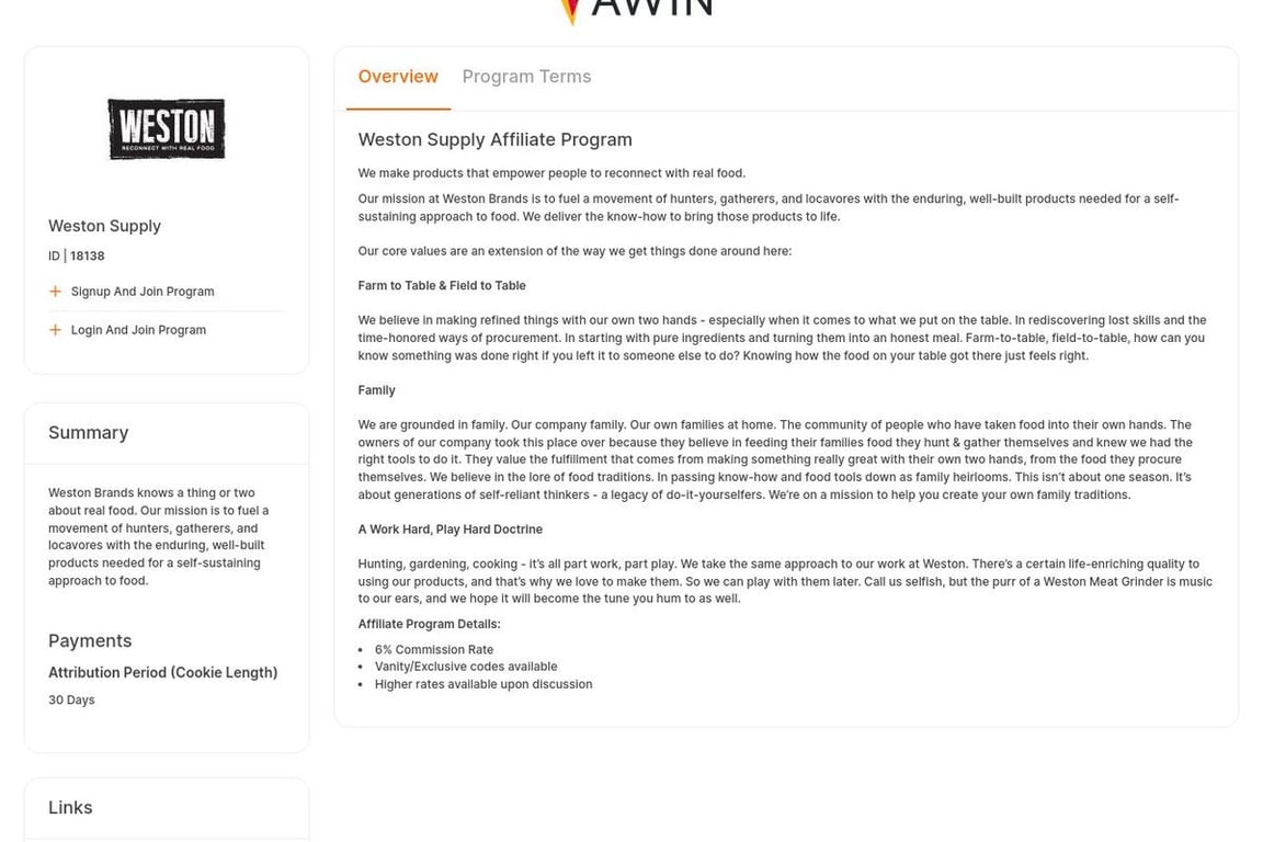 Weston Supply affiliate program signup page