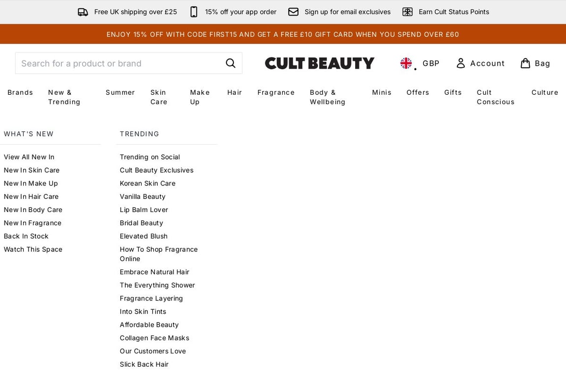 Cult Beauty homepage