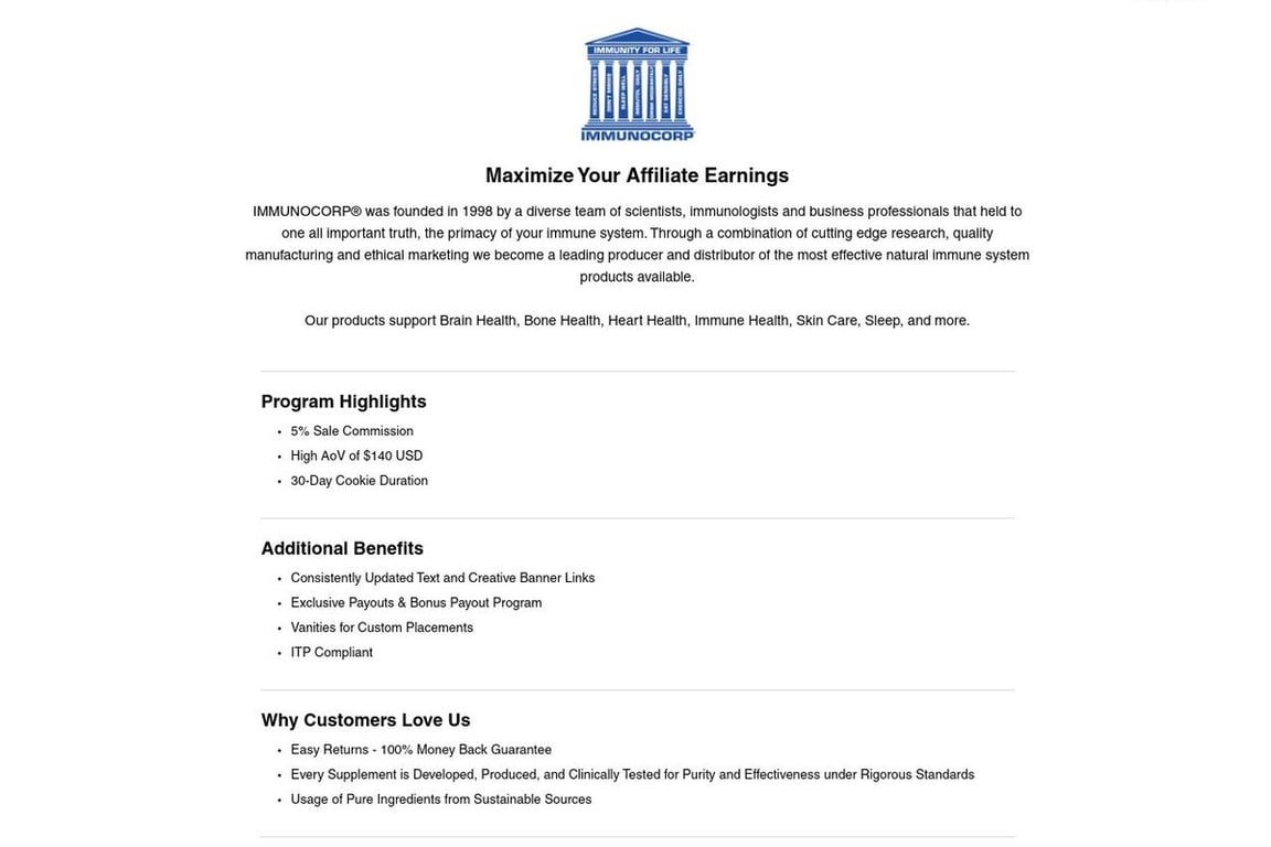 IMMUNOCORP affiliate program signup page