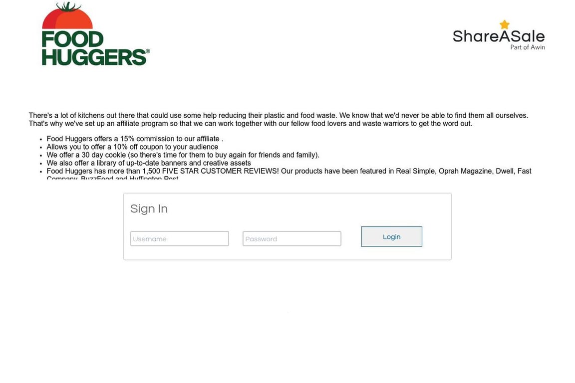 Food Huggers affiliate program signup page
