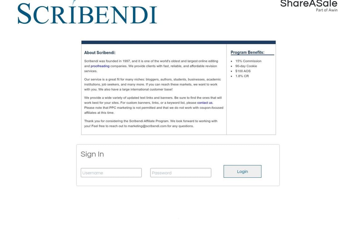 Scribendi affiliate program signup page
