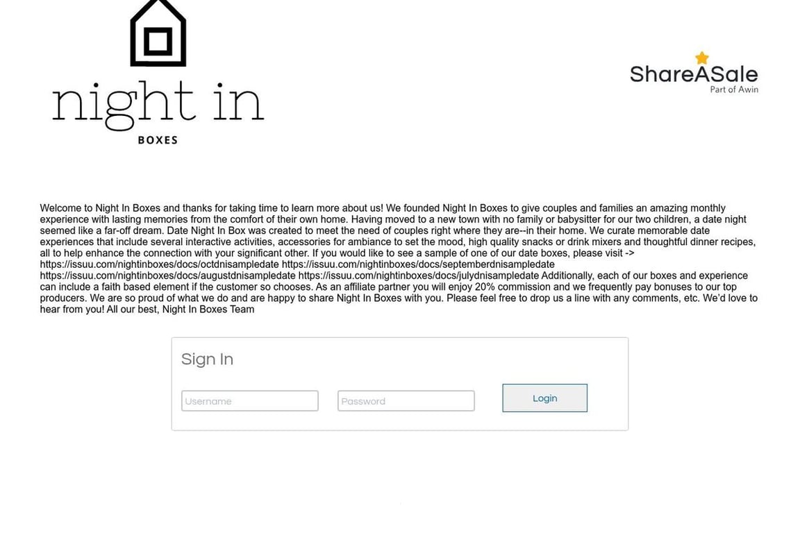 Night In Boxes affiliate program signup page