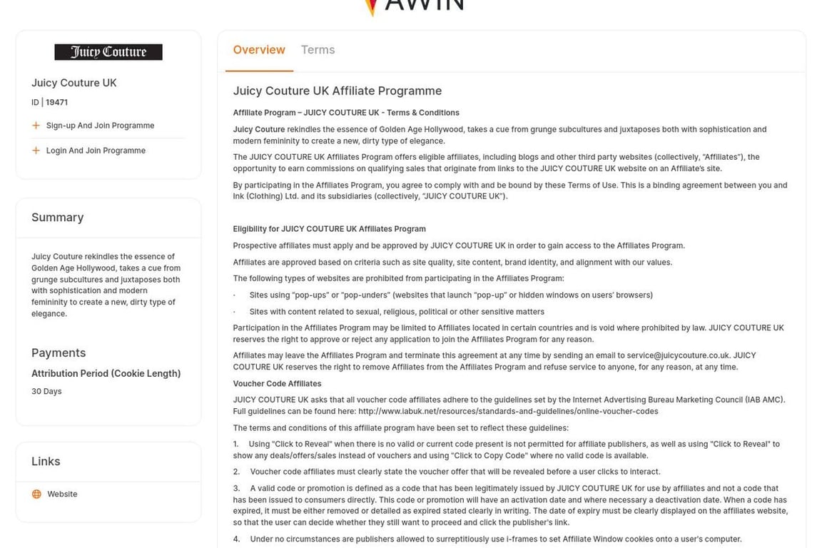 Juicy Couture UK affiliate program signup page