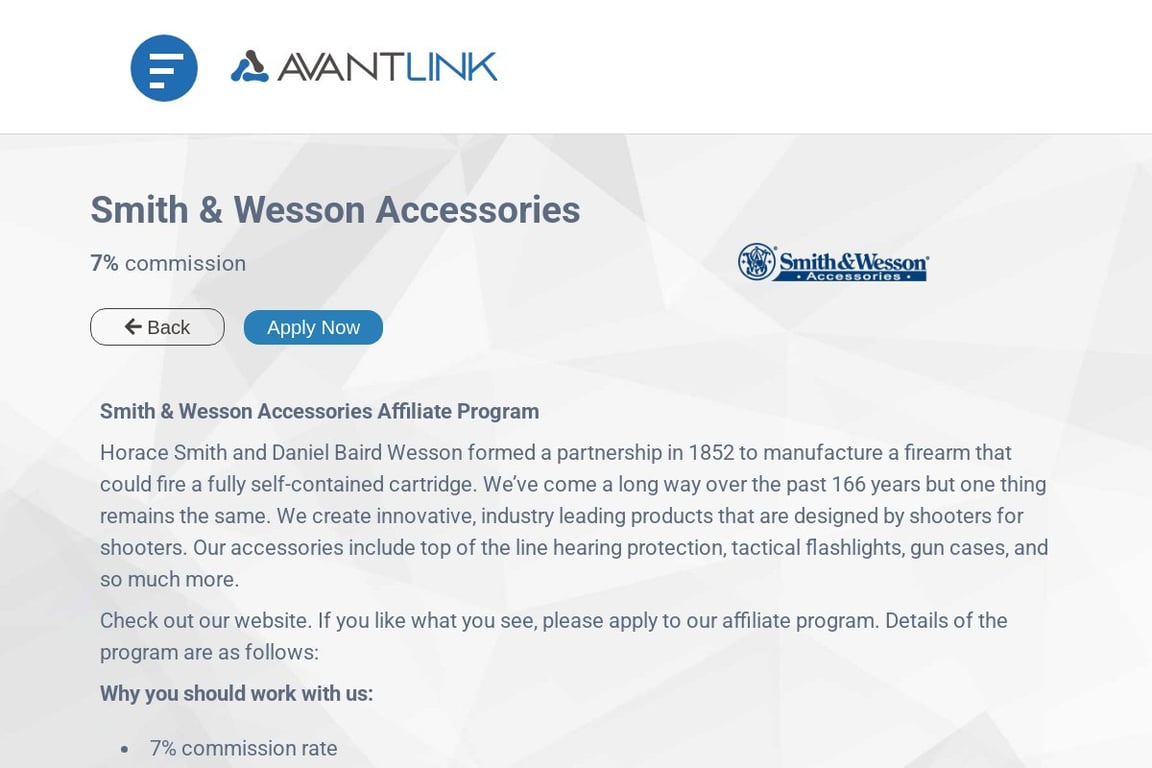 Smith & Wesson Accessories affiliate program signup page