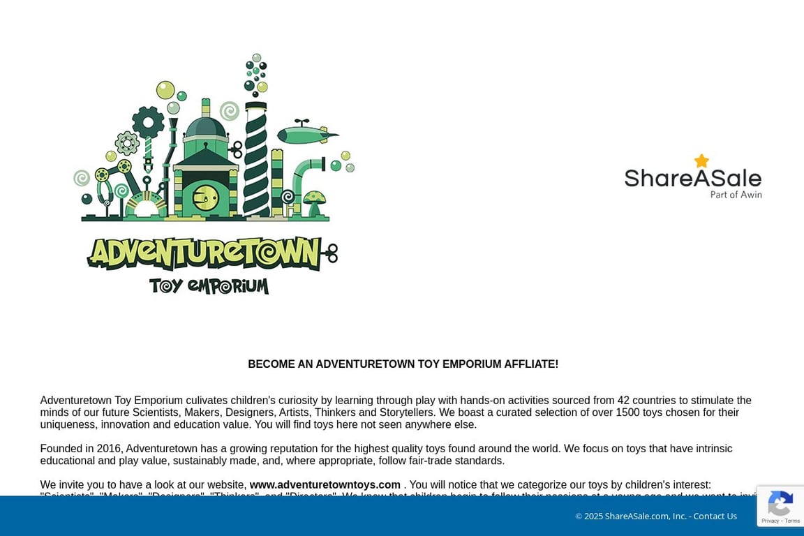 Adventuretown Toy Emporium affiliate program signup page