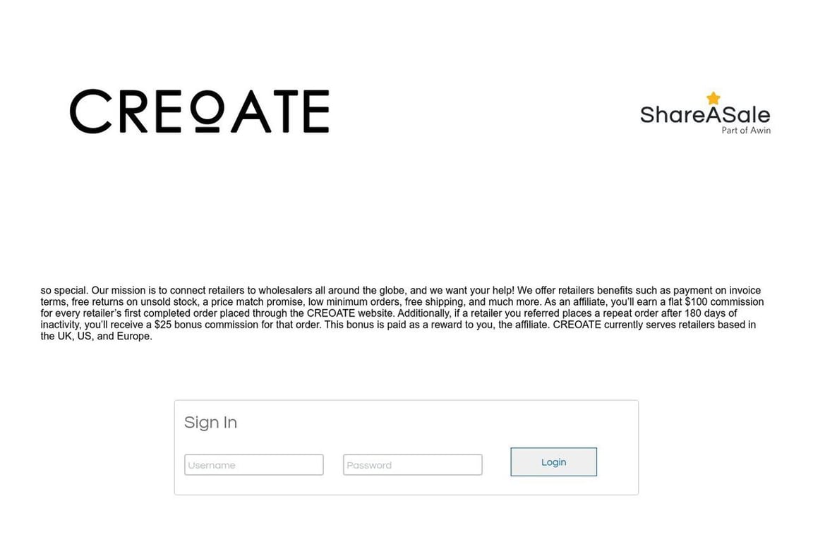 Creoate affiliate program signup page