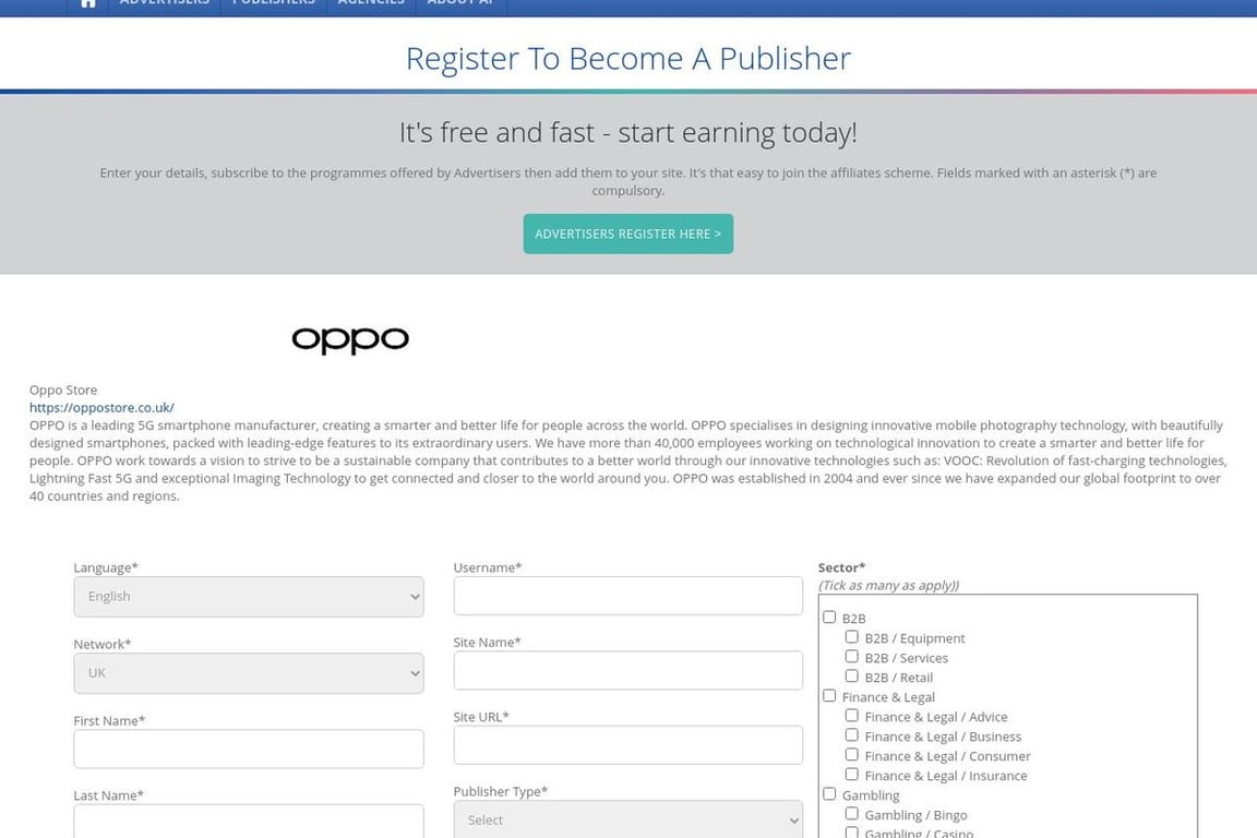 OPPO Store affiliate program signup page