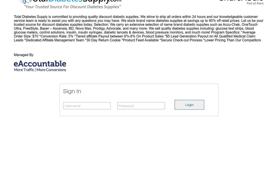 Total Diabetes Supply affiliate program signup page