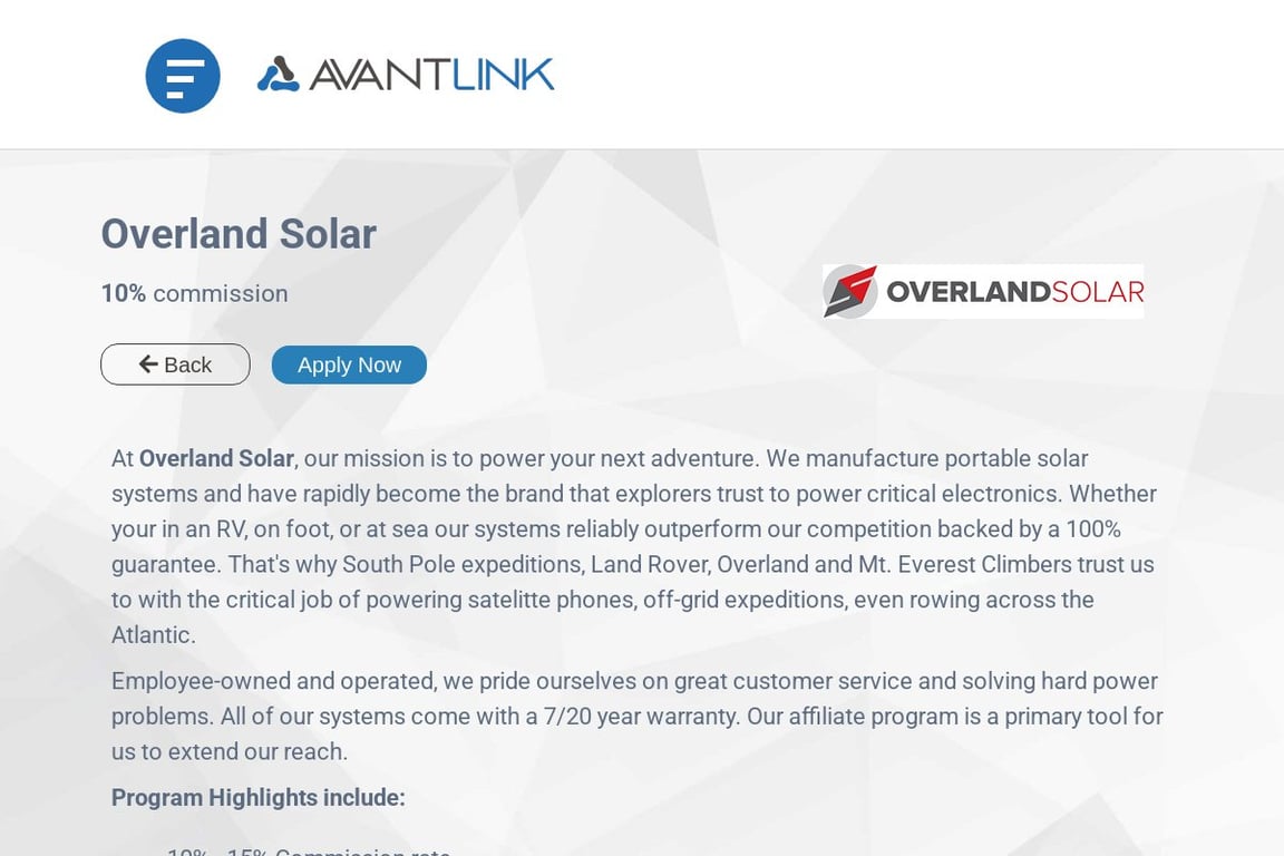 Overland Solar affiliate program signup page