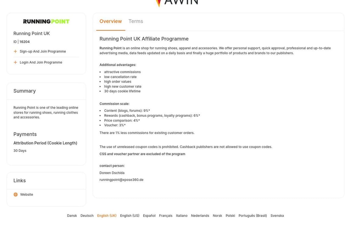 Jogging Point affiliate program signup page