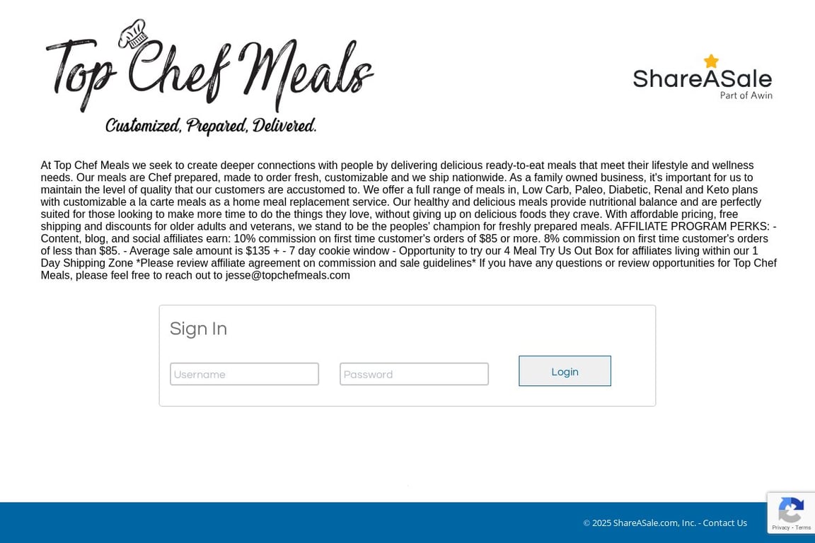Top Chef Meals affiliate program signup page