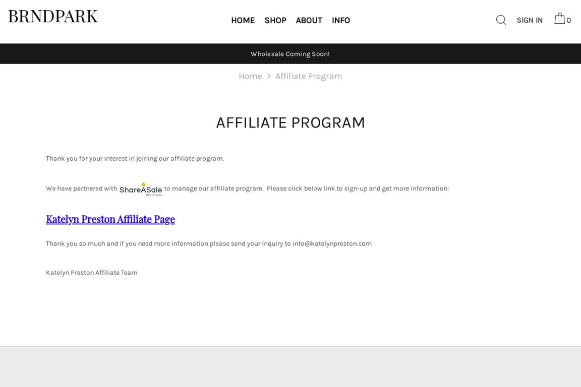 Katelyn Preston affiliate program signup page