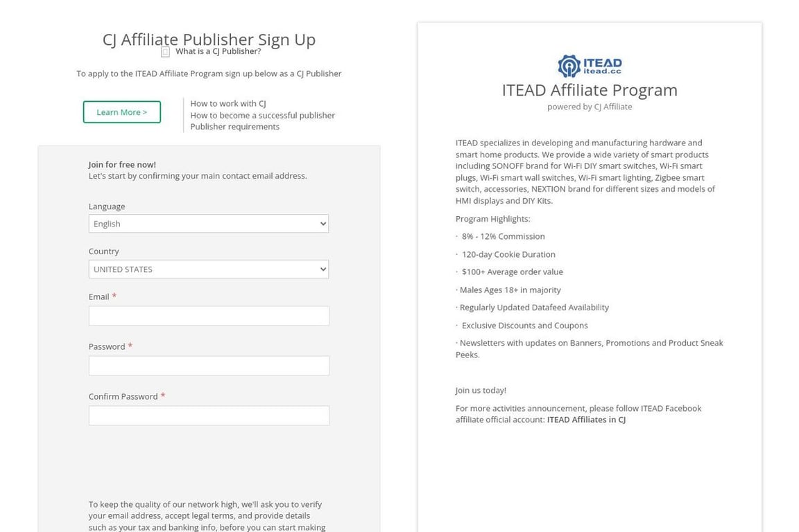ITEAD affiliate program signup page