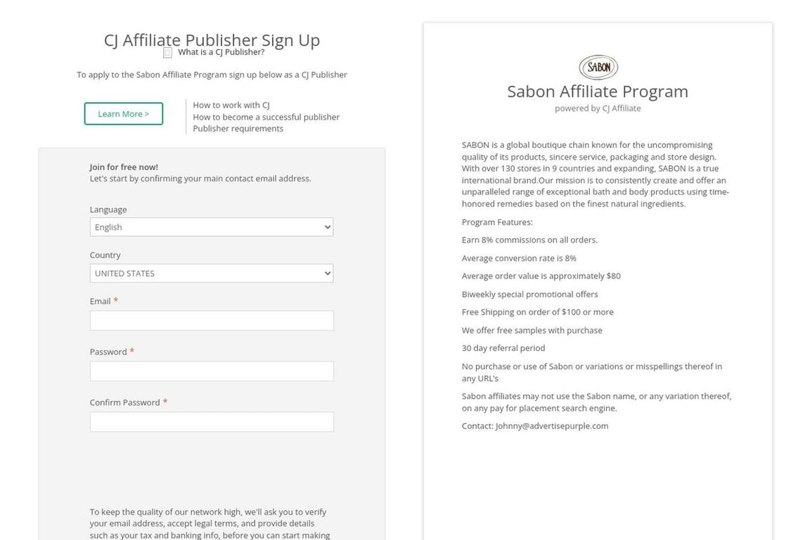 Sabon affiliate program signup page