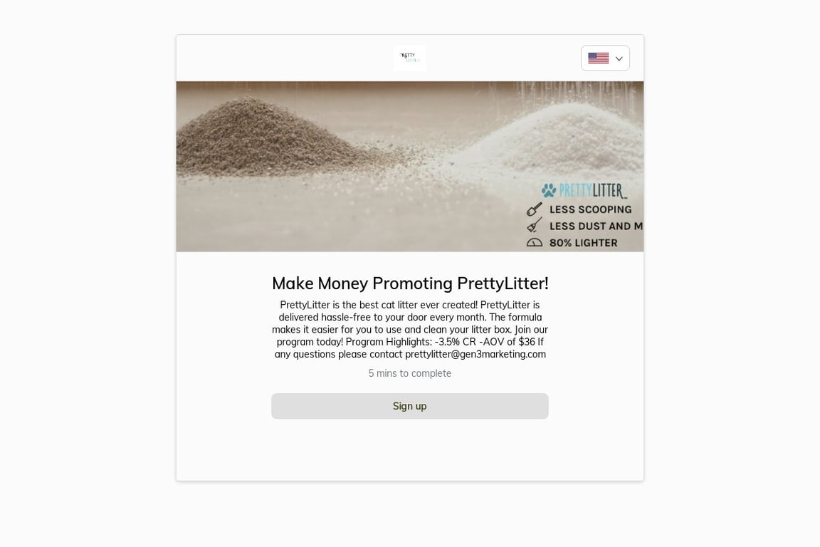 Pretty Litter CA affiliate program signup page