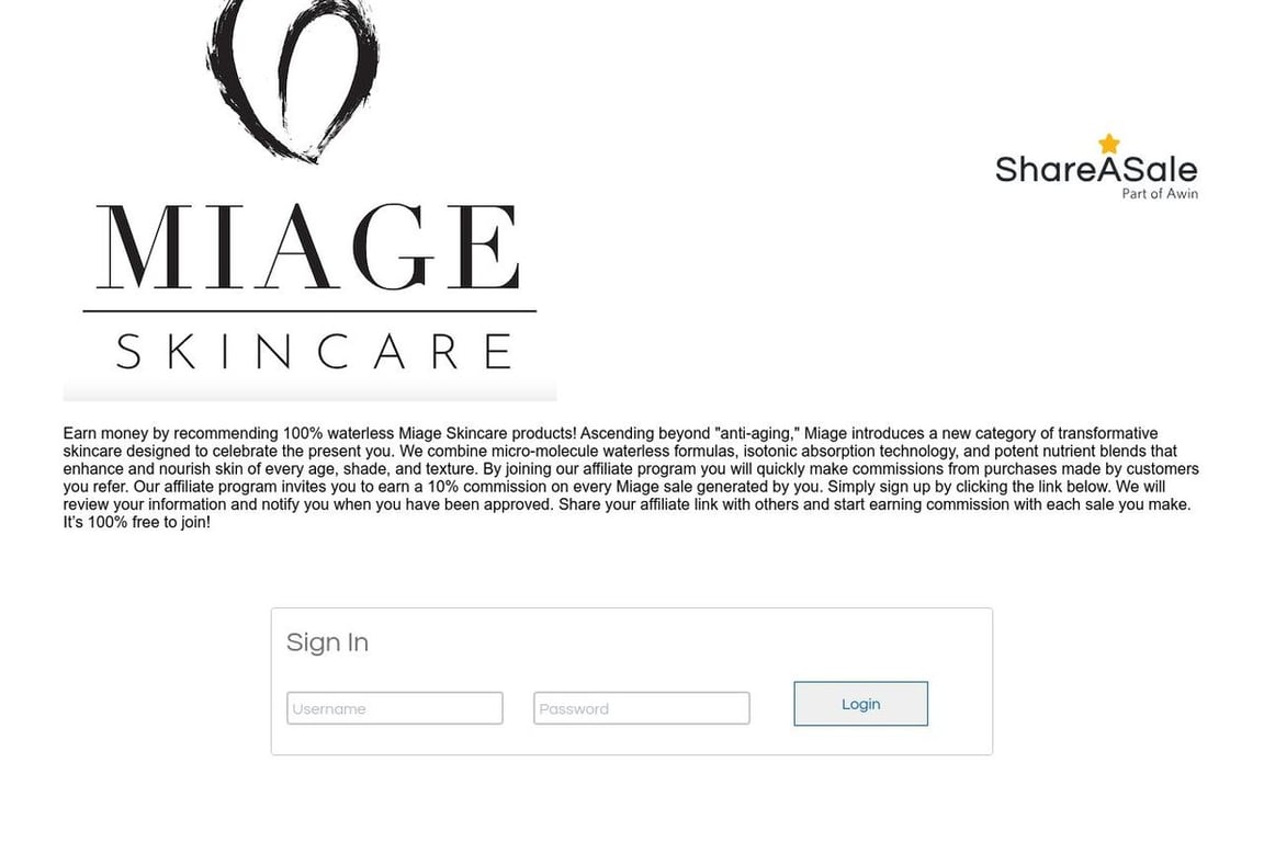 Miage Skincare affiliate program signup page