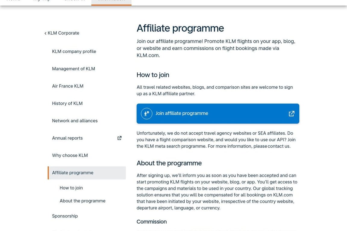 KLM Royal Dutch Airlines affiliate program signup page